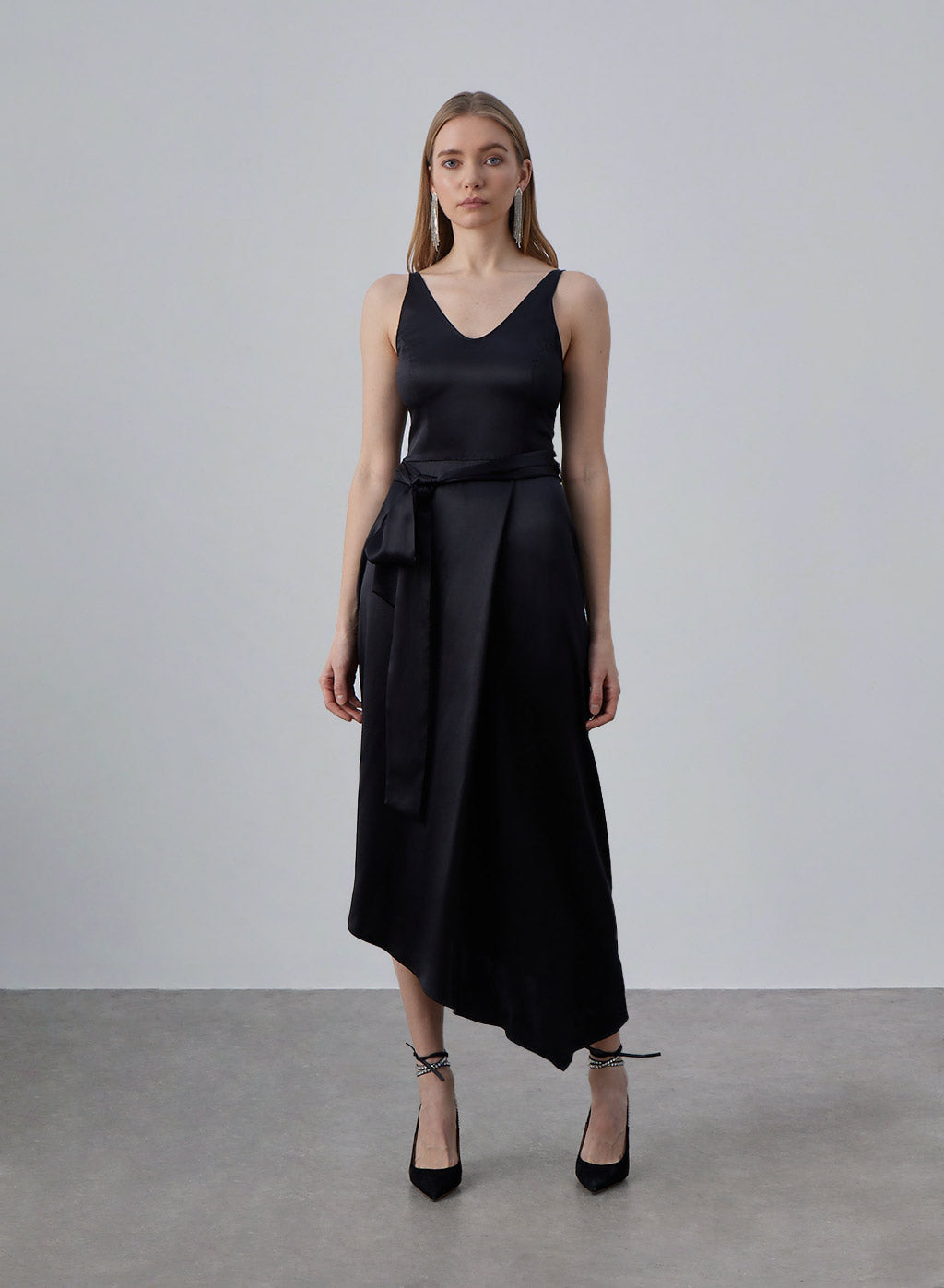 Belted Asymmetrical Silk Midi Dress