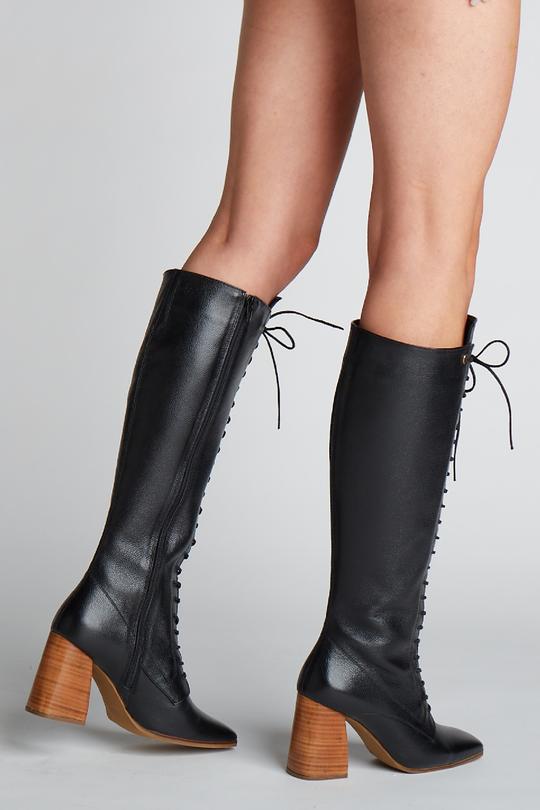 Renaissance Heeled Combat Boots Black Leather