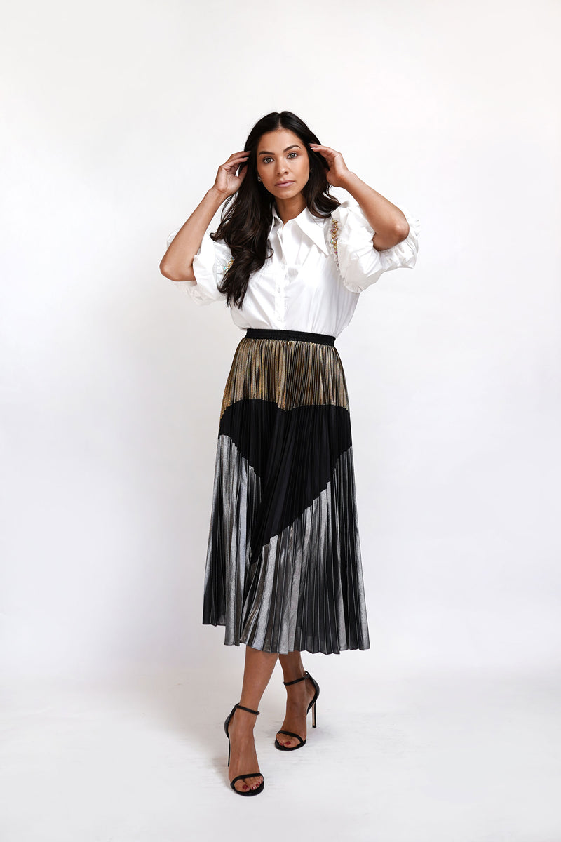 Metallic A-Line Pleated Skirt