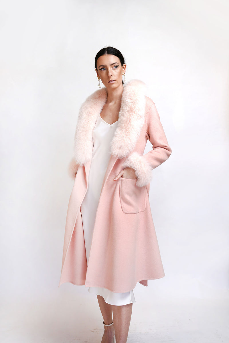 100% Cashmere Wool Coat Fox Fur Collar