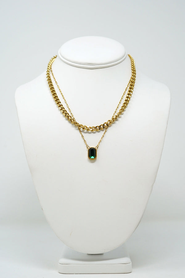 Necklace Two Layer Green Stone 18K Gp