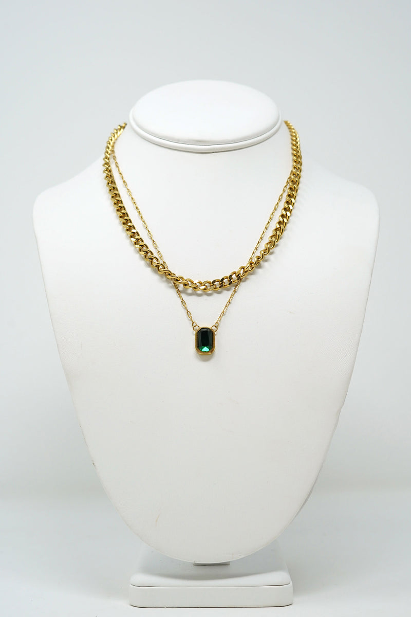 Necklace Two Layer Green Stone 18K Gp