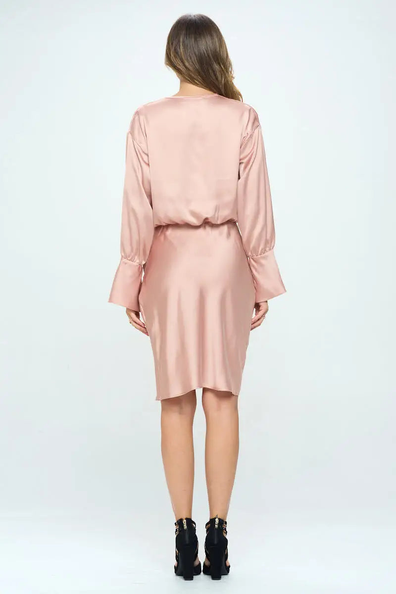 Stretch Satin Cowlneck Dress w Asymmetrical Hem