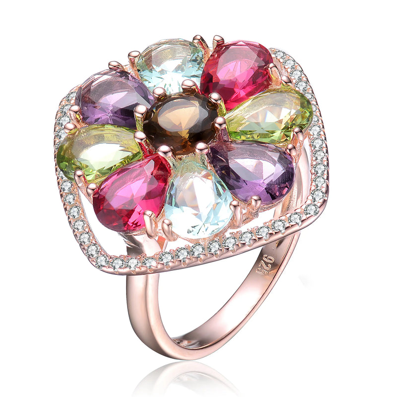 Sterling Silver Rose Gold Plated Multi Colored Flower Ring