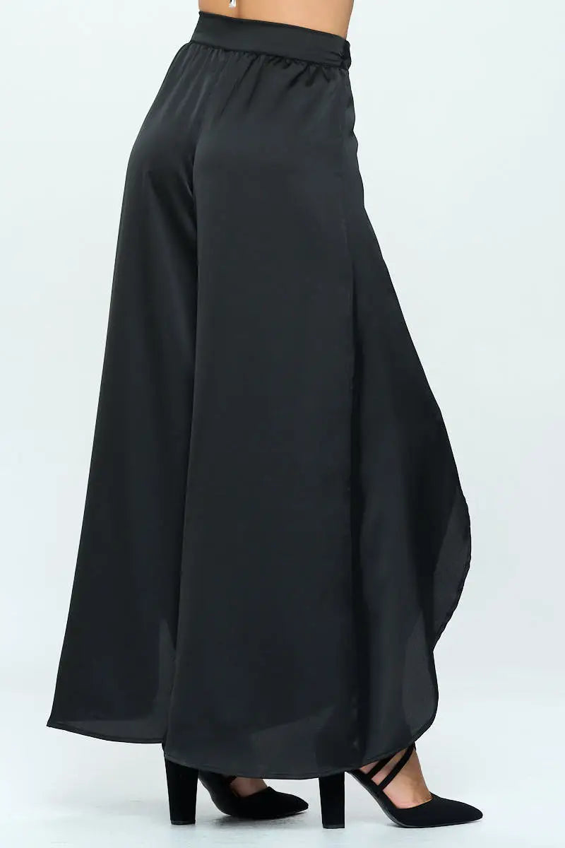 Stretch Satin Split Wide Leg Pants With Tie