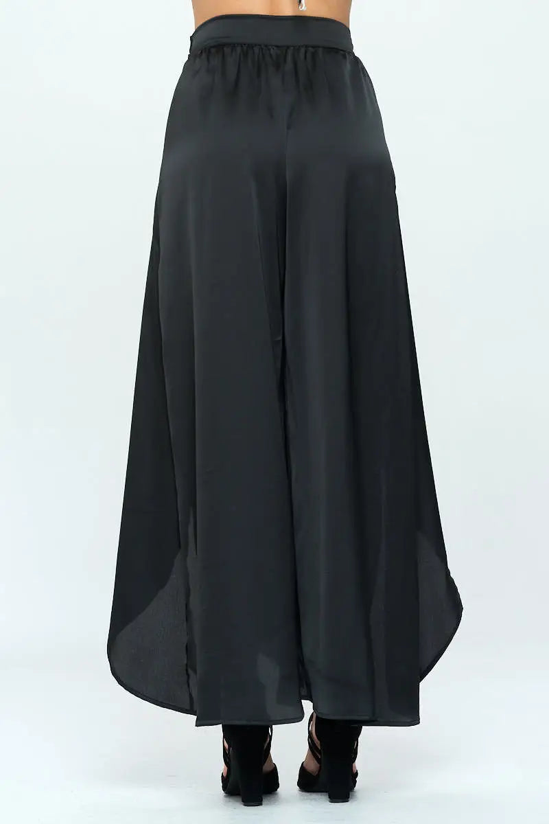 Stretch Satin Split Wide Leg Pants With Tie