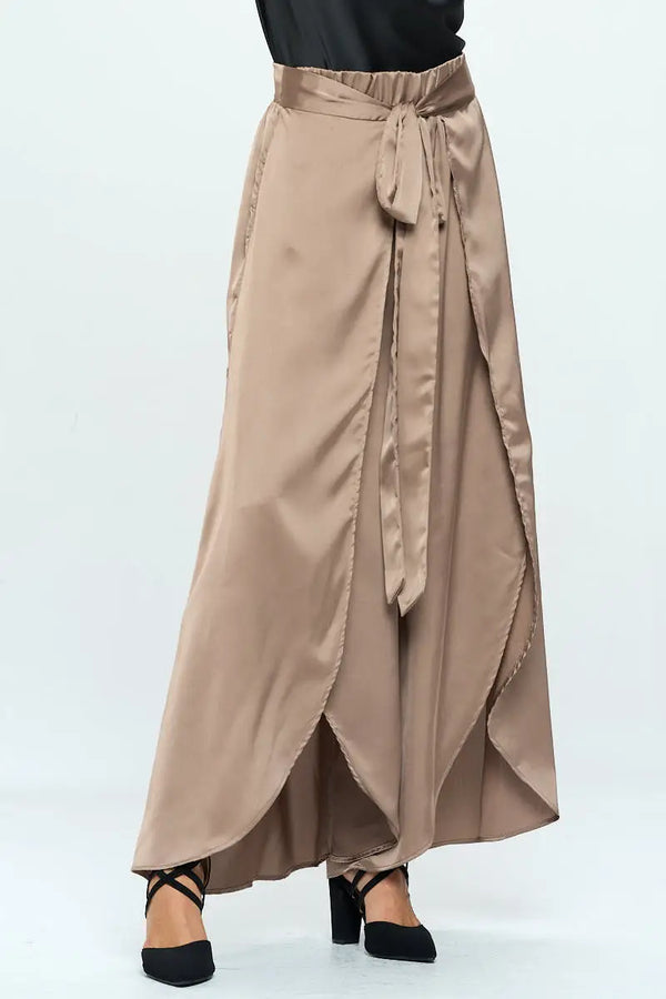 Stretch Satin Split Wide Leg Pants With Tie