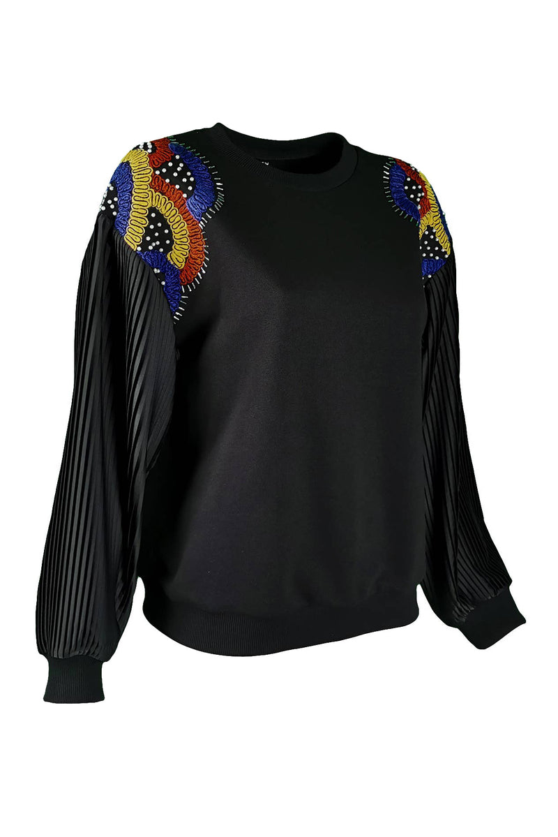 Black Abstract Pleated Sweatshirt